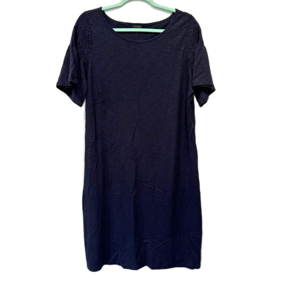 Talbots Dress Navy Blue Smocked Sleeve Knit Cotton Modal Knee Length Women Large